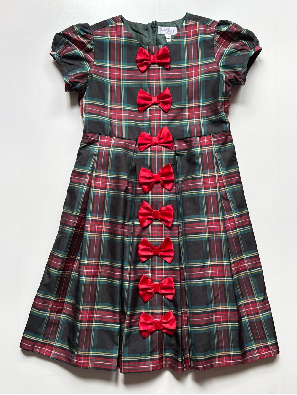 Rachel Riley Girls Tartan Plaid Red Bow Dress - Size 7Y